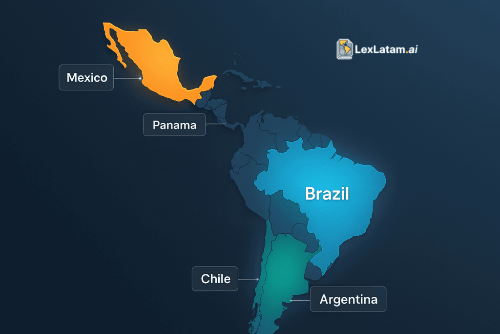Mapa de Latinoamérica destacando países que usan inteligencia artificial legal en sus sistemas judiciales.
