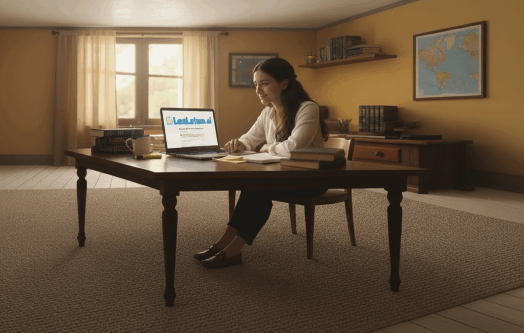 Estudiante de Derecho en Panamá preparándose para exámenes orales con apoyo de inteligencia artificial y LexLatam.ai en su laptop.