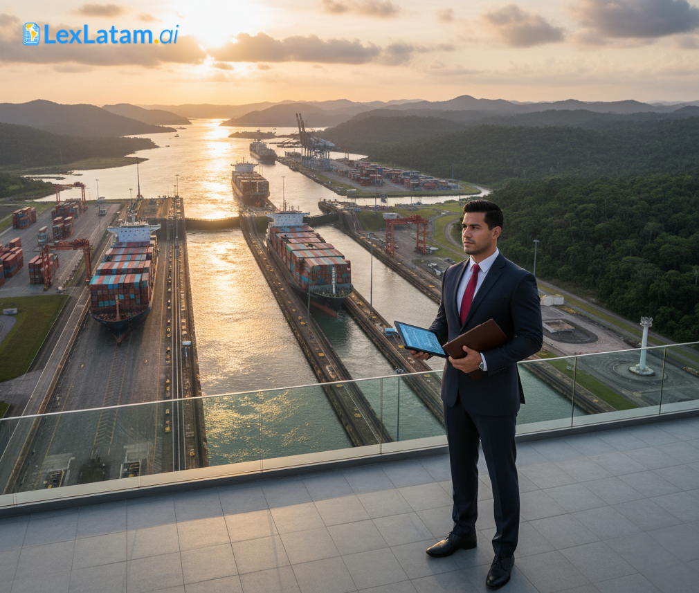 Abogado panameño observando el Canal de Panamá al amanecer, símbolo del liderazgo jurídico y marítimo del país.