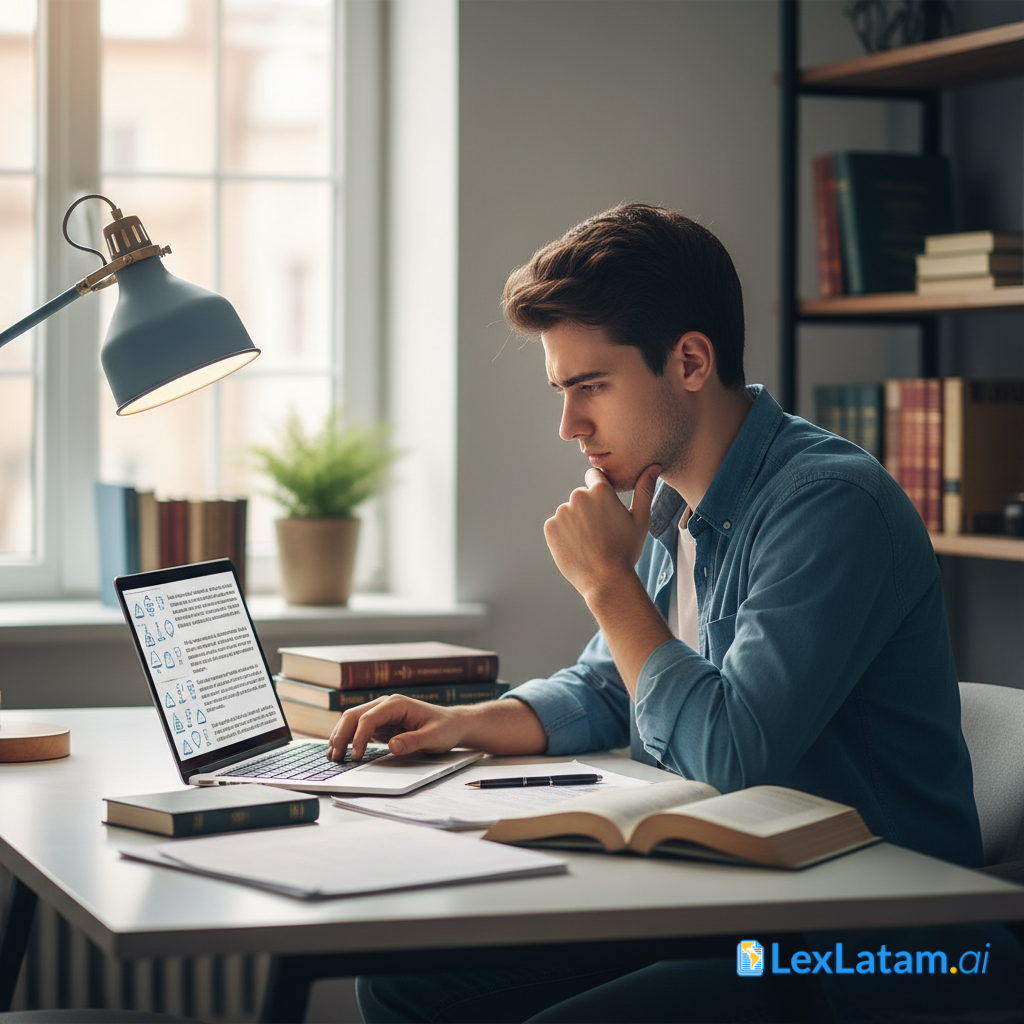 Un abogado o estudiante panameño frente a su laptop con LexLatam.ai abierto; en la pantalla se ve una cita legal resaltada. Fondo con tonos azules institucionales y documentos jurídicos difuminados (simbolizando la Gaceta Oficial).