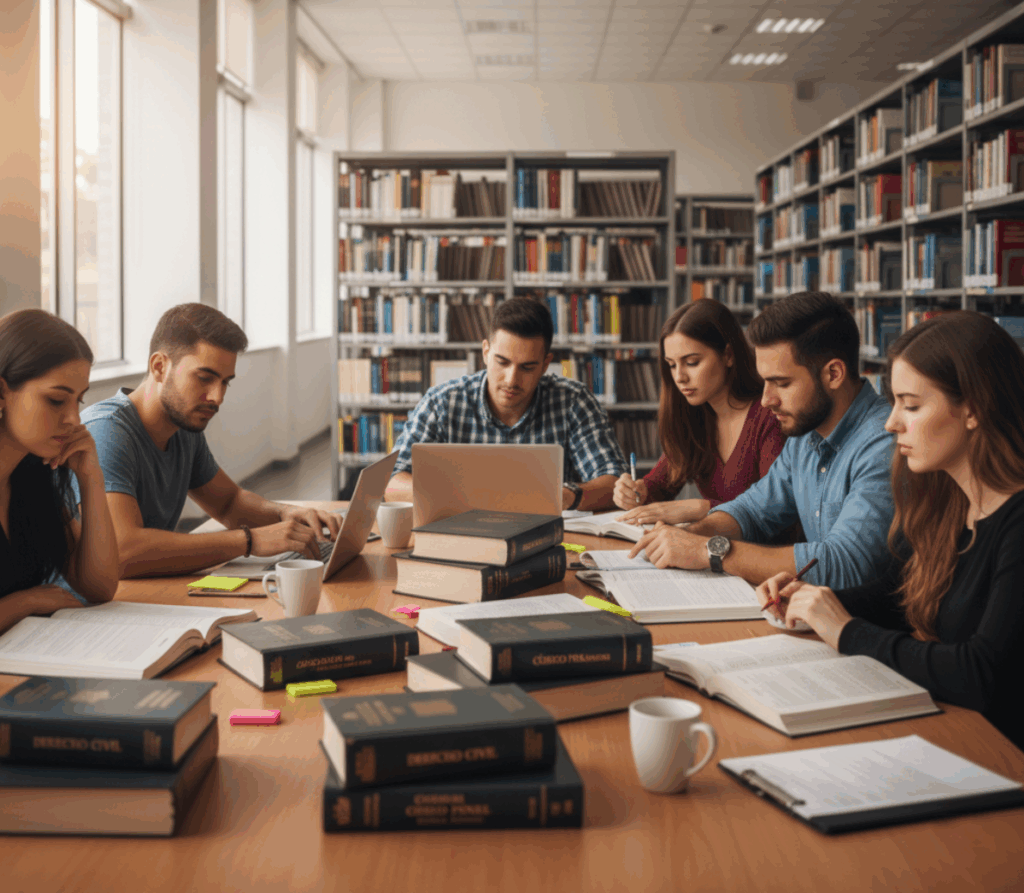 Estudiantes de derecho panameños estudiando en biblioteca con laptops y documentos legales, preparándose para el examen nacional de idoneidad profesional.