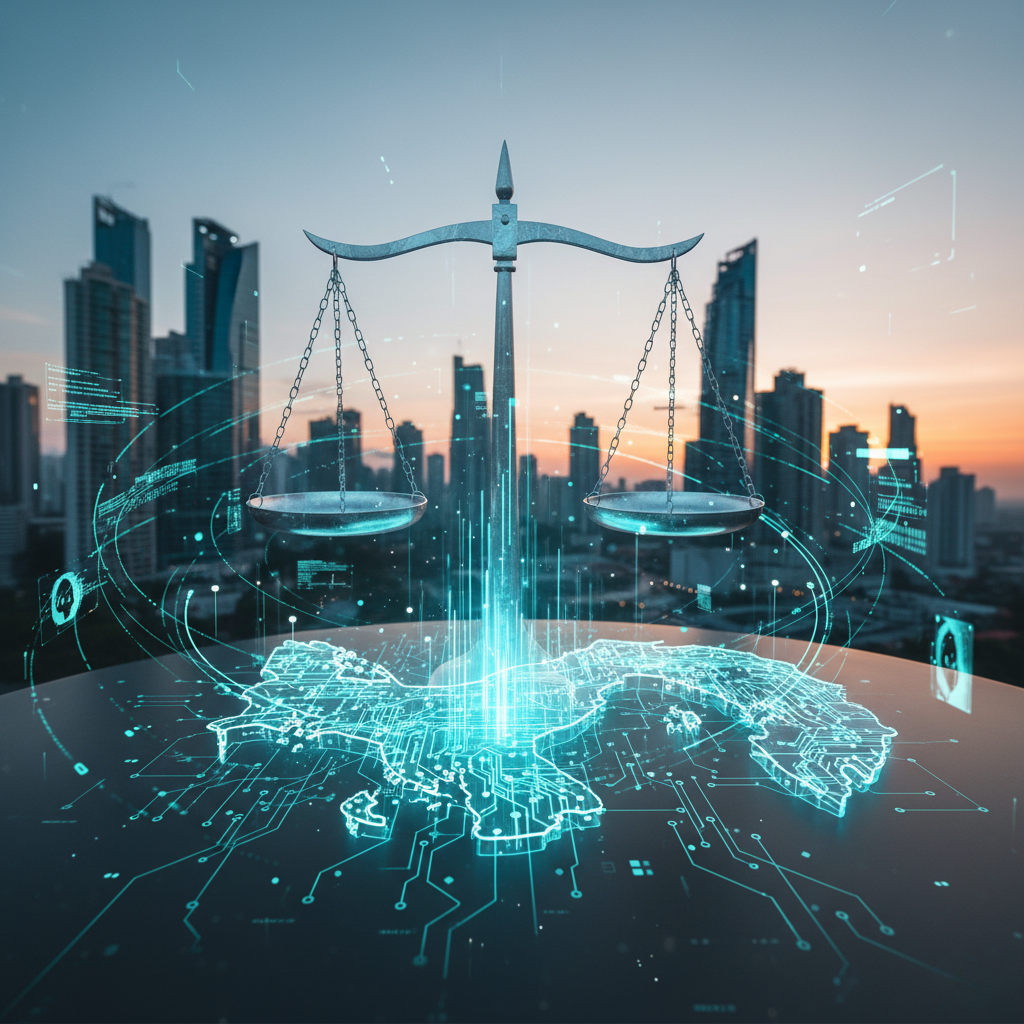 Balanza holográfica sobre un mapa digital de Panamá con rascacielos al fondo, simbolizando la evolución del LegalTech en Panamá.