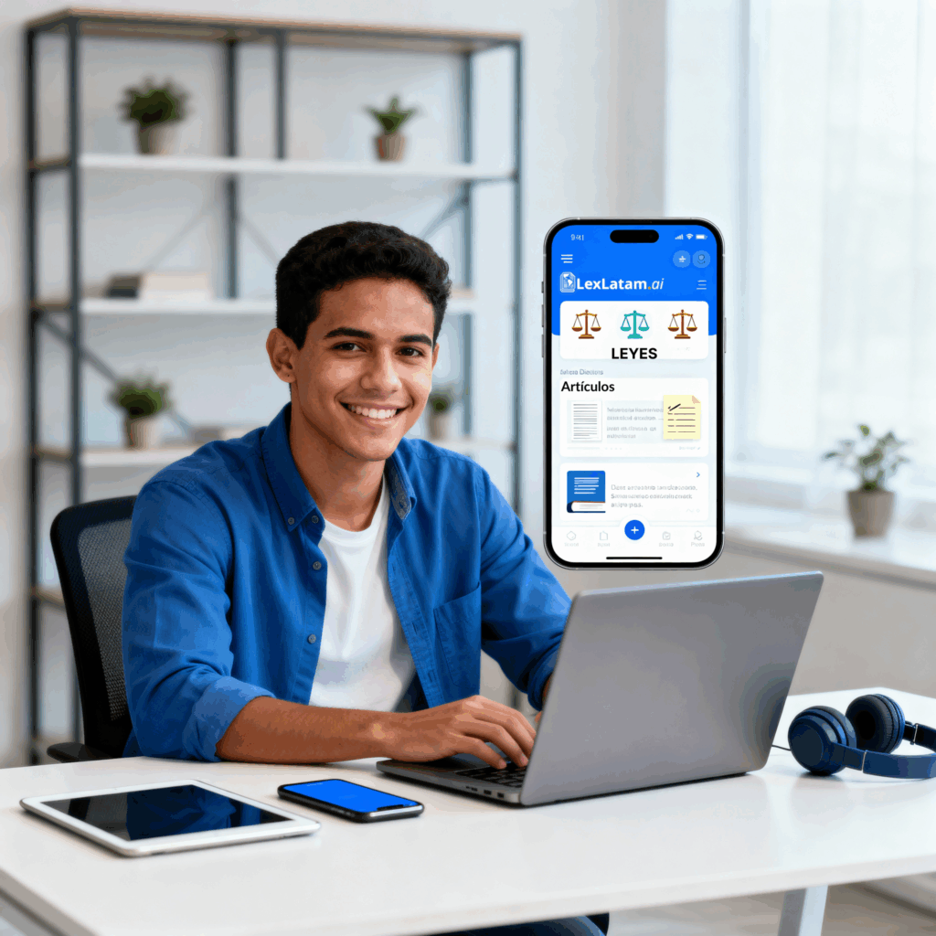Estudiante de Derecho panameño sonriente usando su laptop en un escritorio moderno, con un teléfono mostrando la aplicación LexLatam.ai sobre leyes y artículos jurídicos. Ambiente profesional y luminoso que transmite confianza, tecnología y aprendizaje digital.