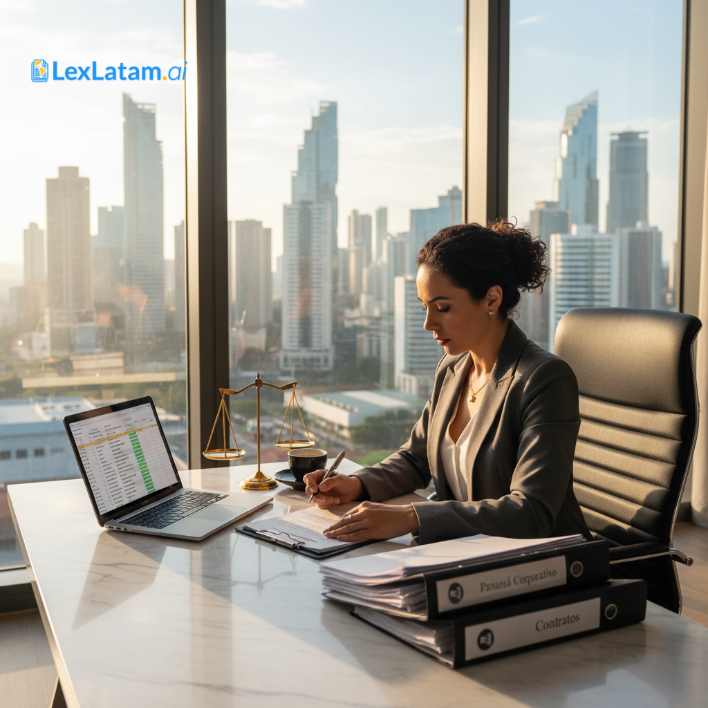 Abogada panameña revisando documentos legales con vista del Skyline City, símbolo del derecho societario y financiero en Panamá.
